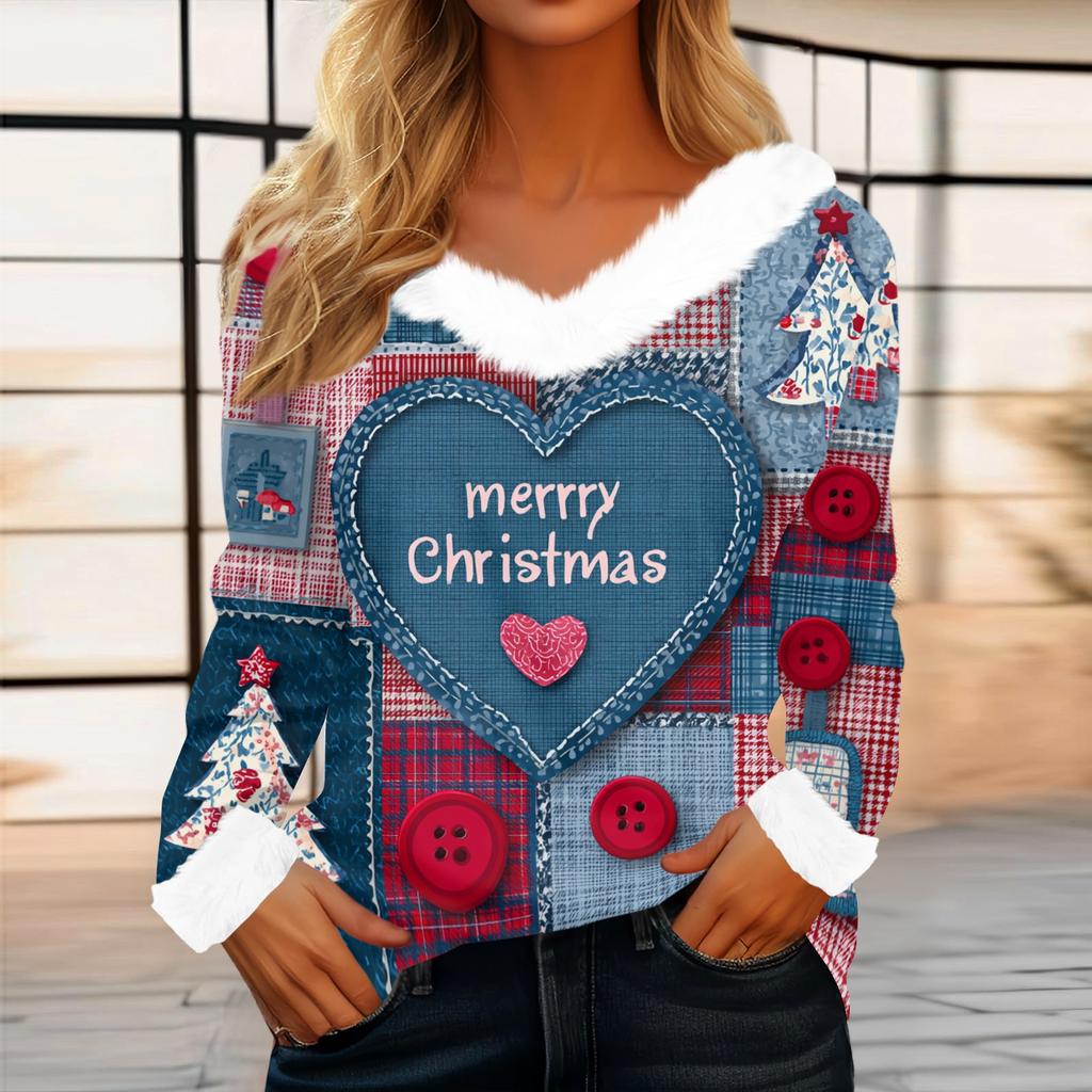Women's Casual Fashion Long Sleeve Christmas Printed Flannel Collar Top