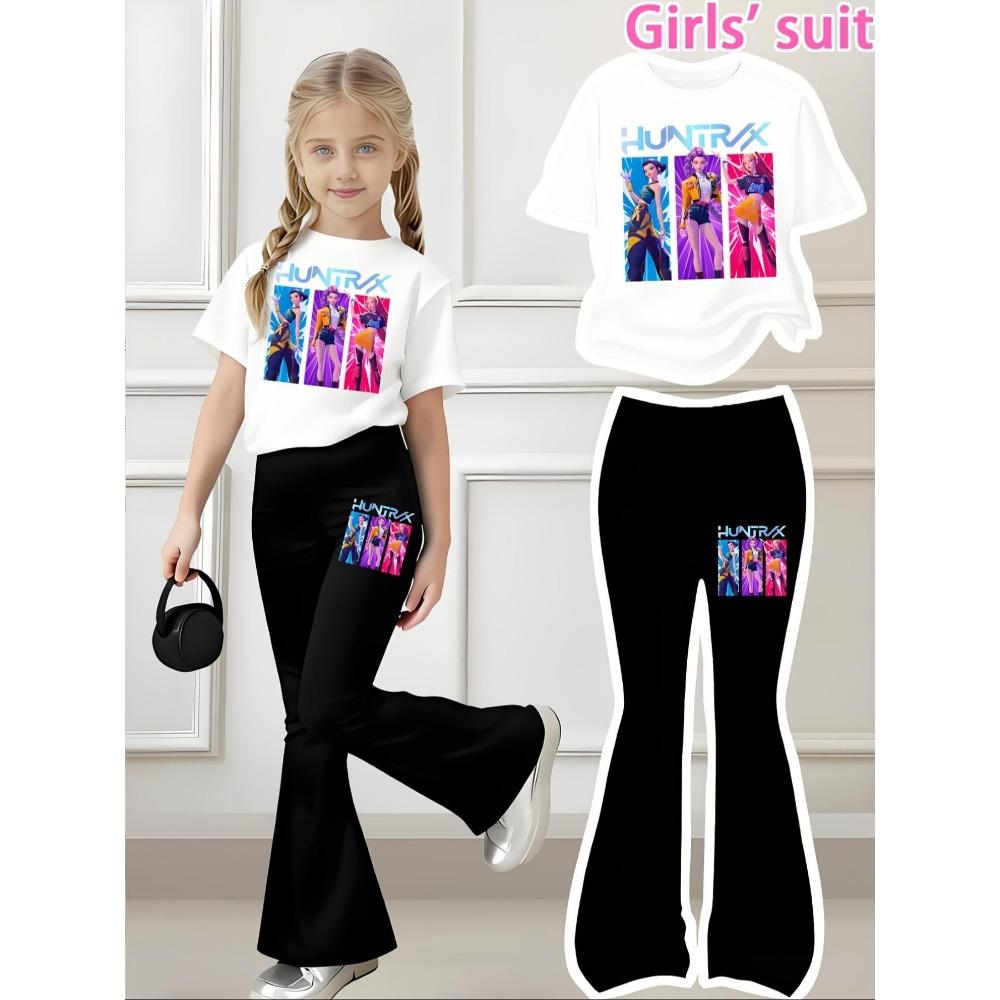 Girls' Casual Sports Short Sleeved and Flared Pants Set, Girls' Group Pattern Printed Fashionable Girls' Sportswear