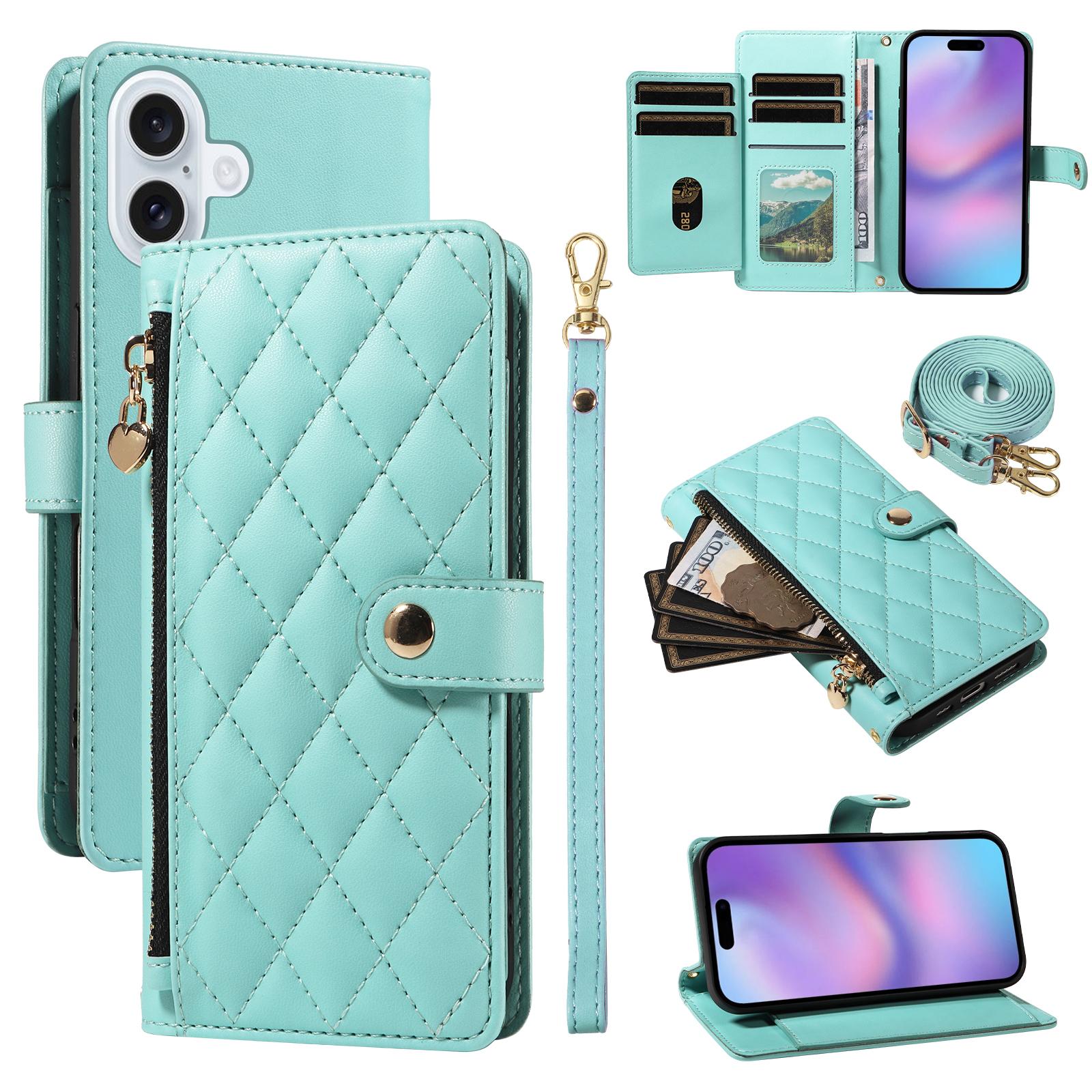 

For iPhone 17 Wallet Case with Straps,Rhombus Leather Stand Phone Cover Light Green