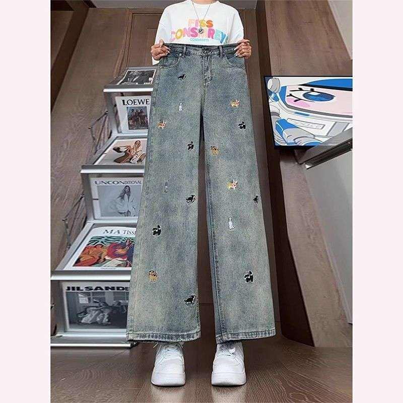 

Cartoon Puppy Embroidered Wide-Leg Jeans for Women - Plus Size, Loose Fit, Casual, Versatile Straight Leg Pants for Spring & Autumn L светло-синий