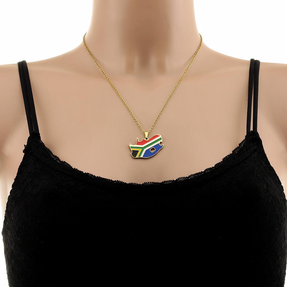 South Africa Map Necklace - Cross-border Stainless Steel, Ethnic Style, Drip Oil Titanium Steel, Popular Couple Design