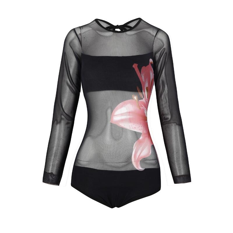 New One-piece Swimsuit Women's Long-sleeved Tight-fitting High-elastic and Thin Sexy Gauze Skirt European and American Spot Women's Swimwear