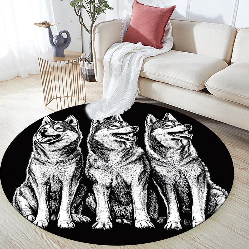 

Круглий килим з візерунком чорного хаскі, Килимок для вітальні, спальні, ігрової кімнати, Нековзкий килимок для підлоги, Святкові та подарунки на день народження. 80cmx80cm