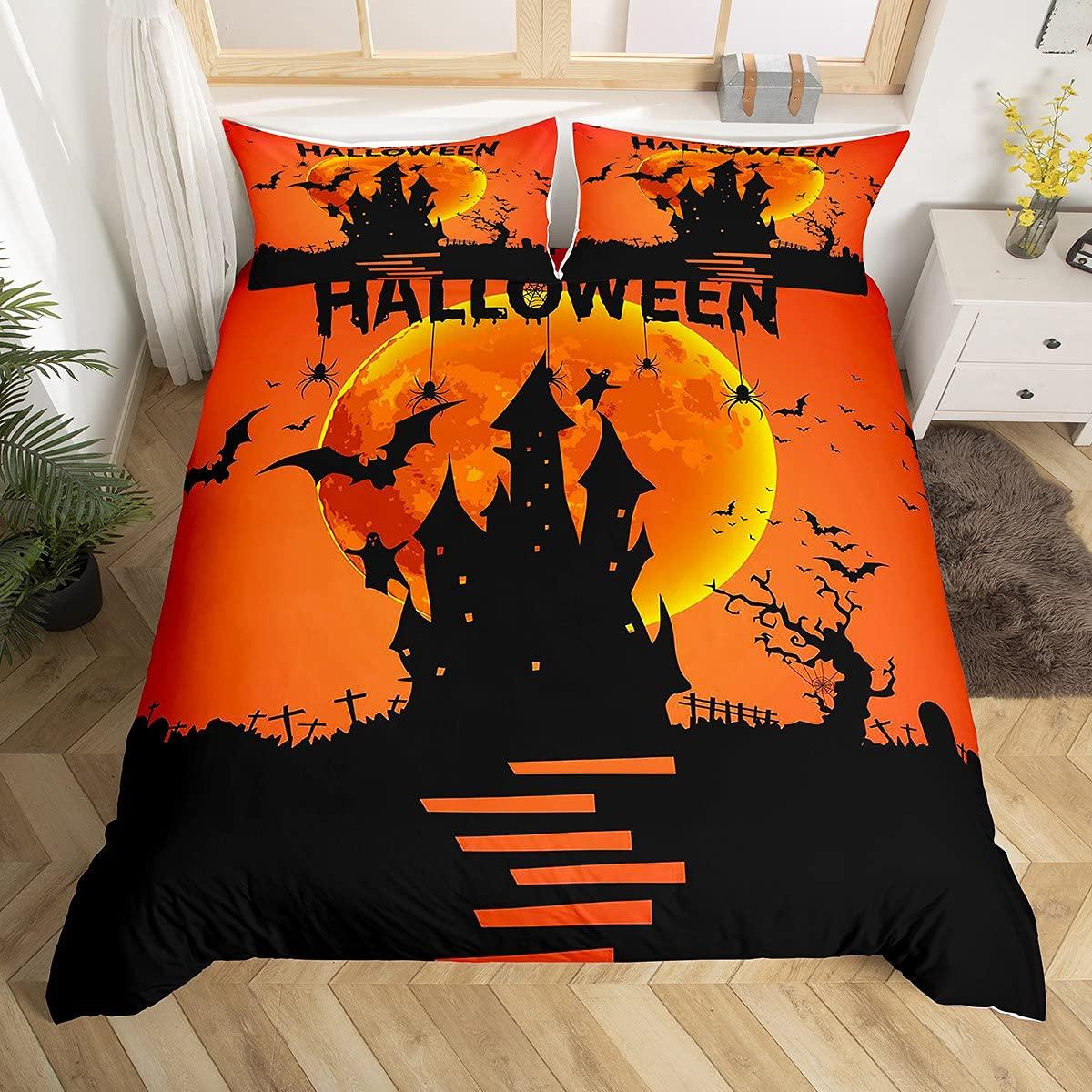 

Mystery Cemetery Sugar Skull Duvet Cover Single Queen Halloween Bat Bedding Set Polyester Horror Theme Broom Hat Cat Quilt Cover EU Single(135x200cm)