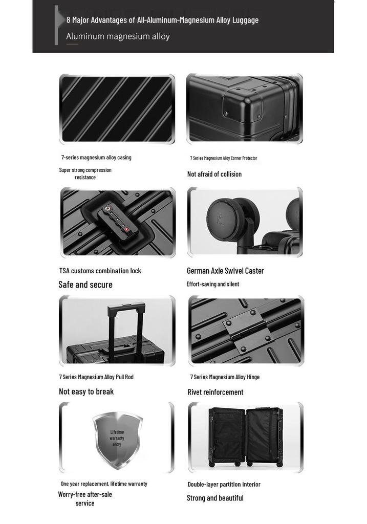 Manai Aluminum-Magnesium Alloy Trolley with Universal Wheels, Metal Luggage for Men, Women, Students, and Business Travel