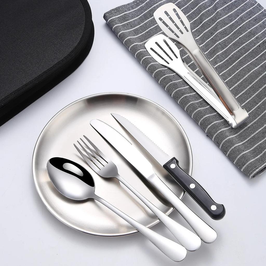 10/20Pcs Outdoor Camping Cutlery Organizer Utensil Picnic Portable Set Stainless Steel Plate Spoon Knife Fork Tongs Hiking