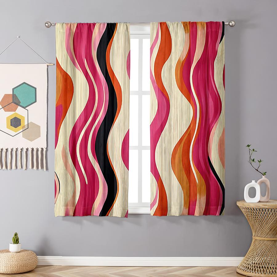 Color Blocking Wave Patterned Curtains Vibrant Colors Living Room Bedroom Pull Window Decoration Set Of 2 Made Polyester With Rod Pocket Decor