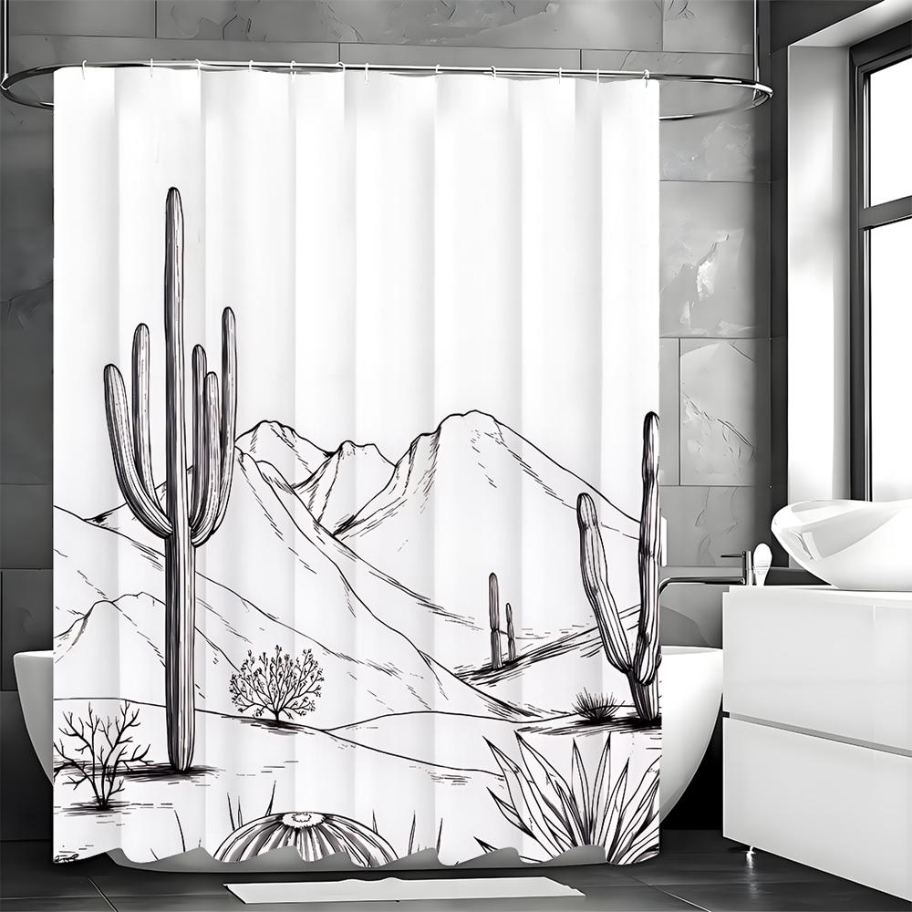 Line Art Desert Cactus Shower Curtain, Bathroom Decorative Shower Curtain, Waterproof Shower Curtain with Hooks