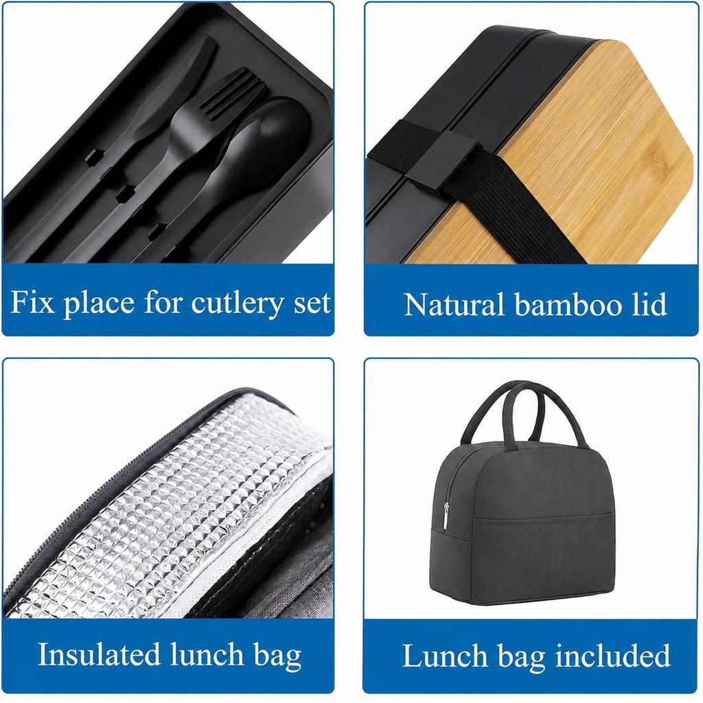 Black Double Layer Wood Grain Bento Box Microwave Safe Large Capacity Lunch Container with Thermal Bag