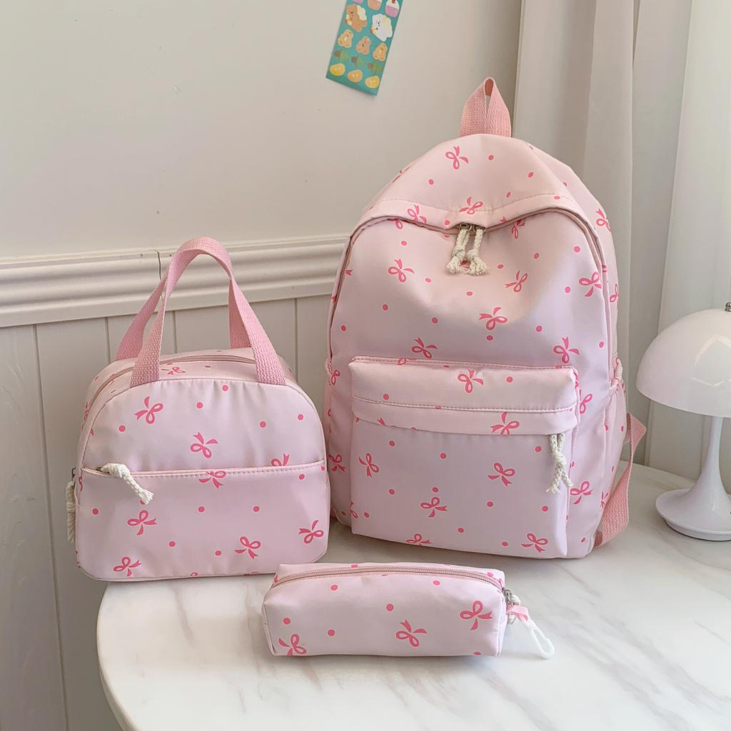 Korean Fashion Bow Print Women Backpack Simple Student Schoolbag Female Bag Set Three-Piece Backpack with Lunch Bag Pencil Case
