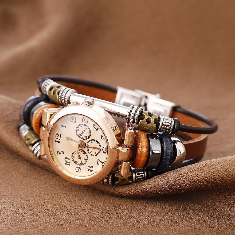 

Винтажные многостильные часы-браслет из воловьей кожи с кварцевым механизмом - Ручная работа, многослойные, из нержавеющей стали, круглые ювелирные изделия
