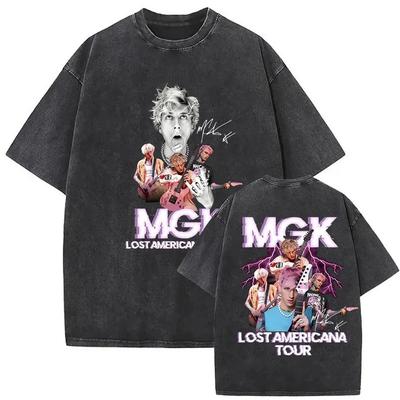 Rapper MGK Lost Americana Tour 2026 T-shirts Machine Gun Kelly Vintage Washed Graphic T Shirt Man's Hip Hop Short Sleeve T-shirt