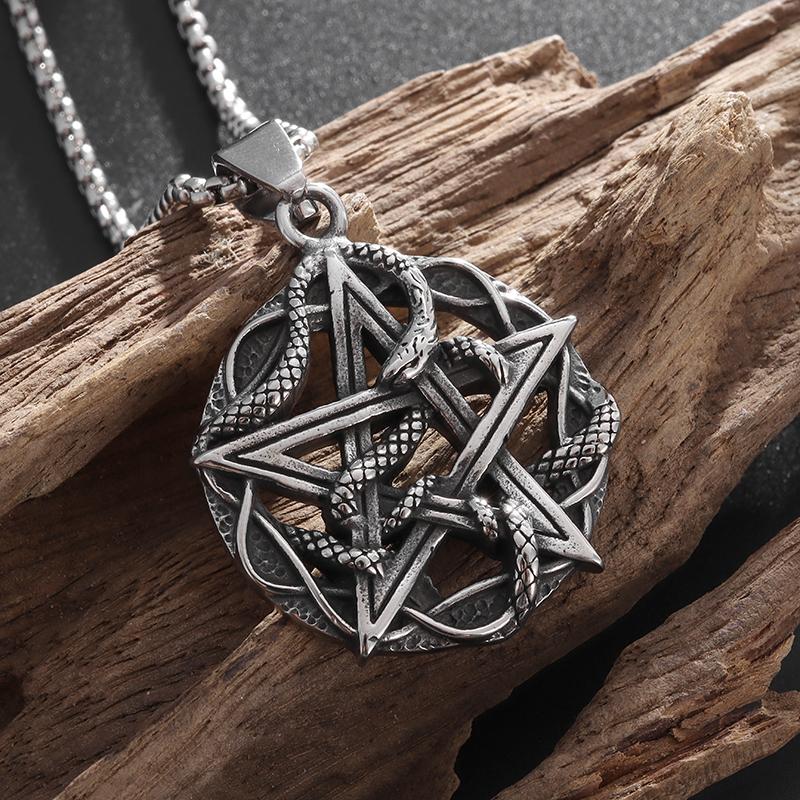 Retro Pentagram Snake King Necklace for Men Women Fashion Punk Animal Style Pendant Chain Jewelry Halloween Gift