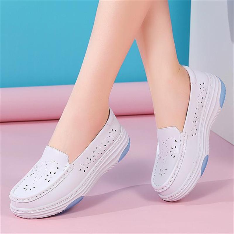 Fashion Women Genuine Leather Wedges Casual Shoes Loafers Soft Nurse Work Shoes Breathable Comfortable Non-slip White Nursing Shoes