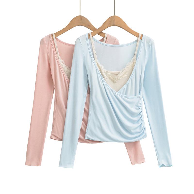 Women's Sexy Lace Camisole & Deep V-Neck T-Shirt Two-Piece Set