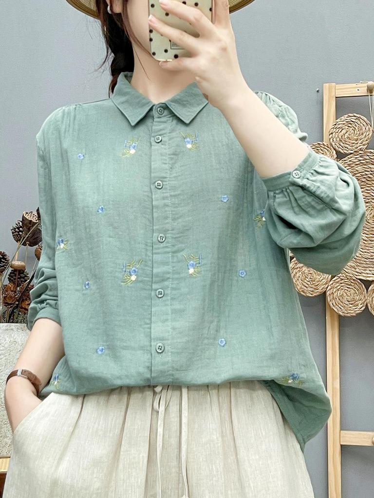 Women's Forest Style Cotton Gauze Shirt: Long Sleeve, Soft, Breathable, with Fresh Floral Embroidery