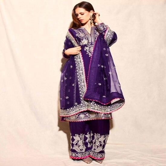 Royal Purple Thread Embroidered Straight Suit Set