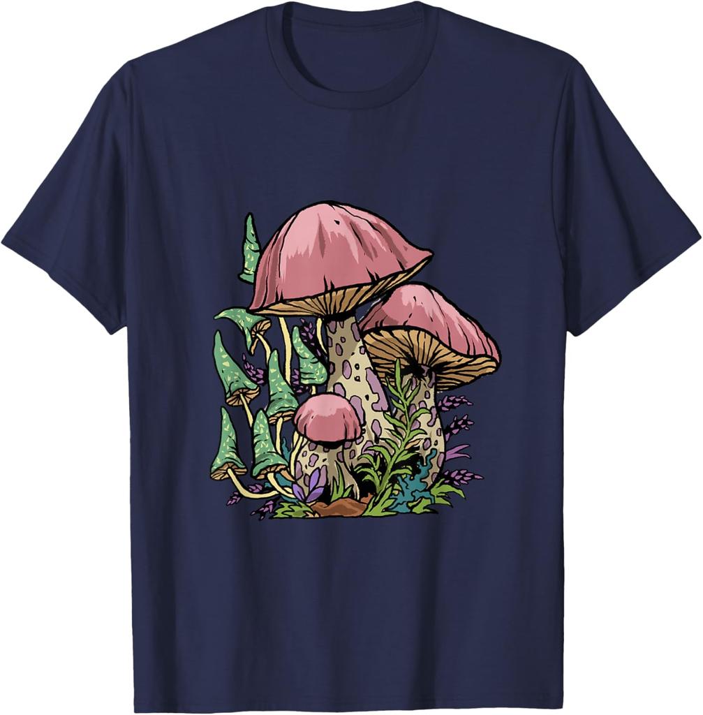 Psychedelic Cottagecore Mushroom Print Graphic Tee Soft Casual T-Shirt for Men Trip