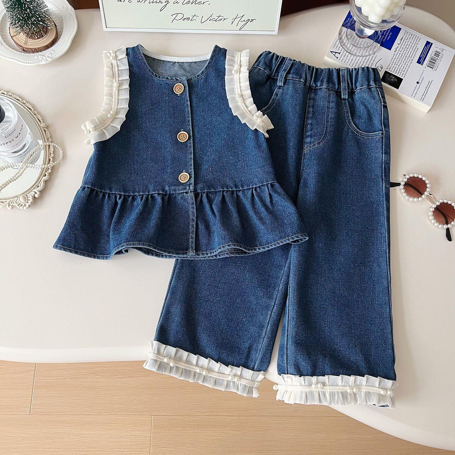 Girls Summer Fashion Denim Two Piece Set Lace Trim Vest And Wide Leg Pants Cute Baby Outfit 90cm
