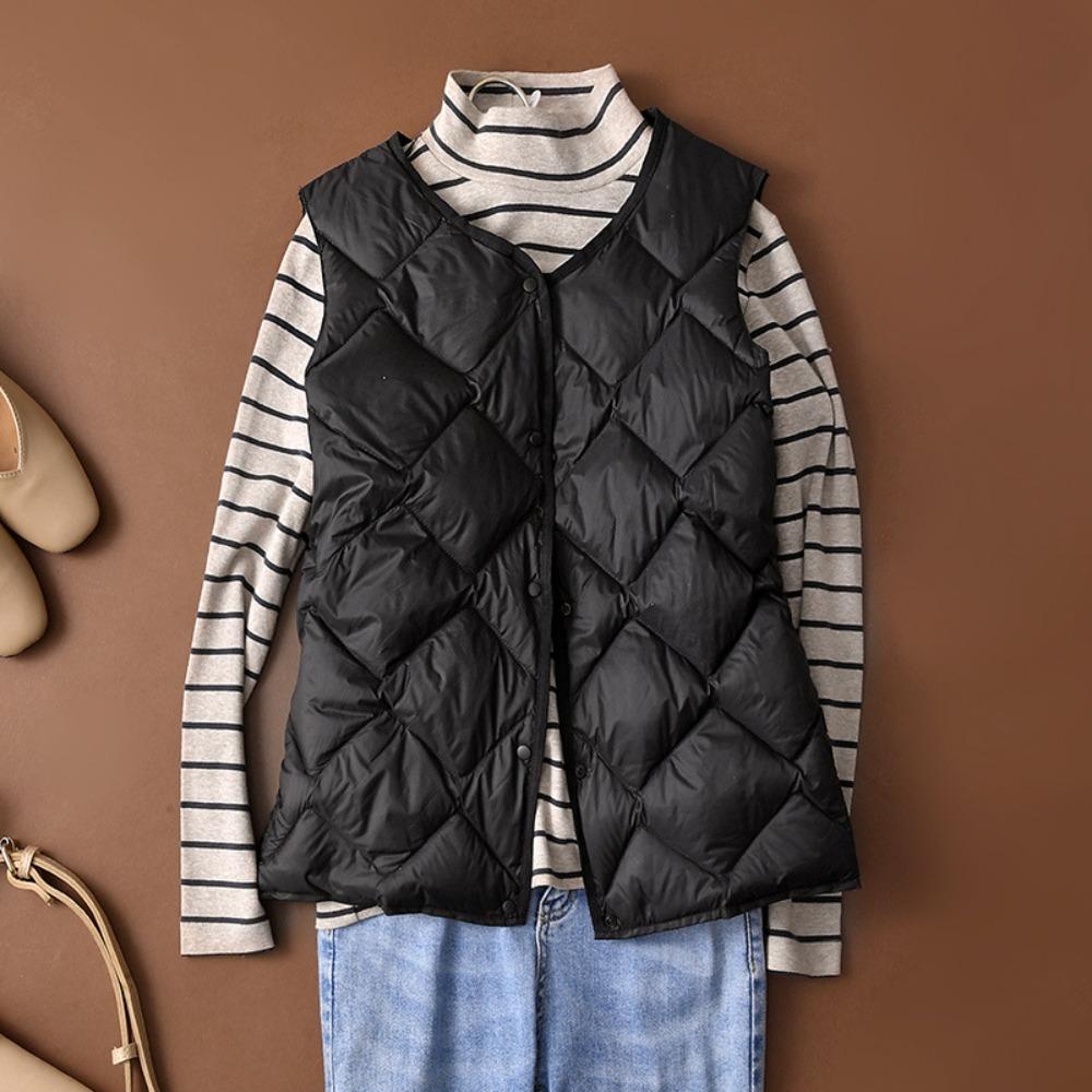 Women's V‑Neck Sleeveless Quilted Down Vest Loose Lightweight White Duck Down Inner Waistcoat Short Outer Gilet
