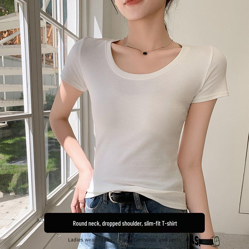 Women's Slim Fit Cotton U-Neck Short Sleeve Base Layer T-shirt