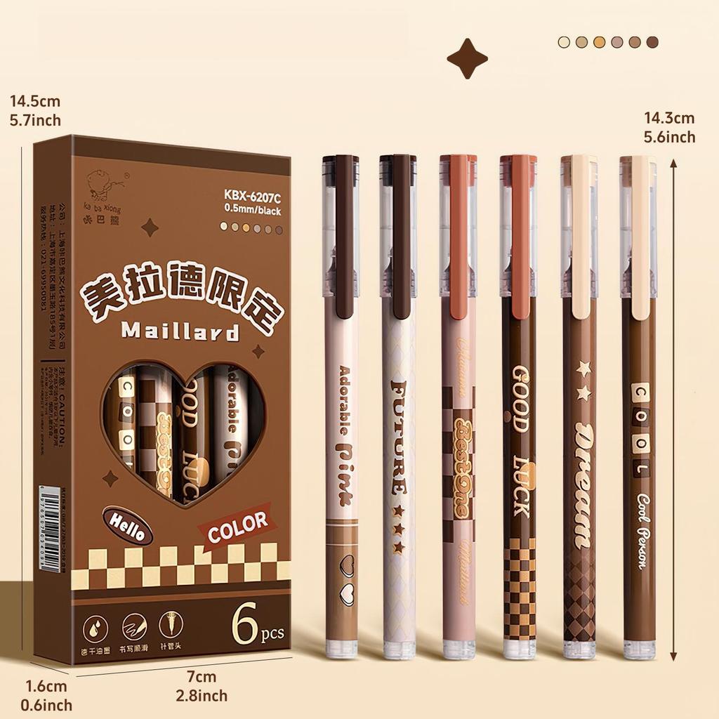 6ks Maillard sada gelových per, kávové tóny 0,5 mm kuličkové pero, černá barva, rychleschnoucí inkoust na psaní