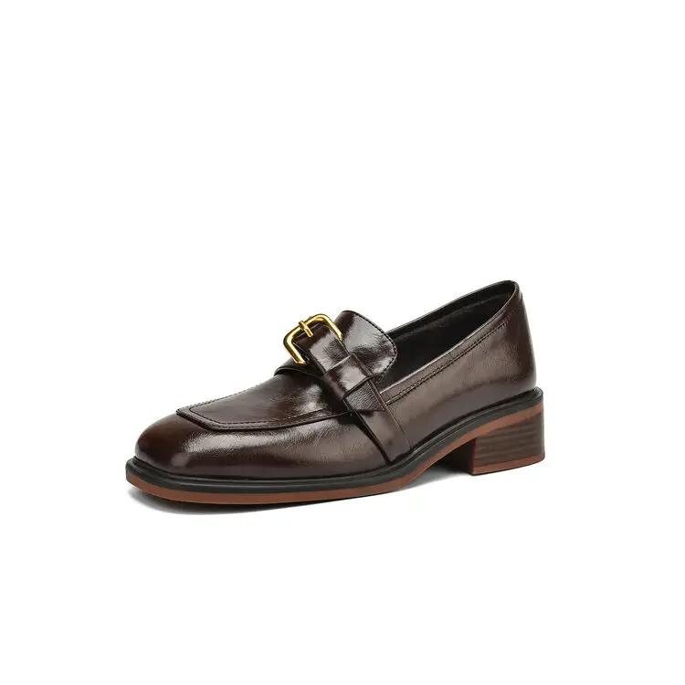 Fashion New Autumn Winter Split Leather Women Pumps Shoes for Women French Square Toe Loafers Zapatos Mujer Chunky Heels Ladies Shoes