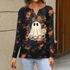 Women's Casual Halloween Print V-Neck Long Sleeve T-Shirt with Decorative Buttons