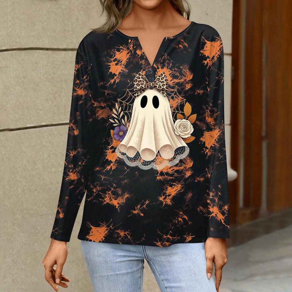 Women's Casual Halloween Print V-Neck Long Sleeve T-Shirt with Decorative Buttons