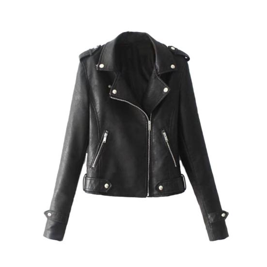 Solid Color Women Faux Leather Lapel Motorcycle Jacket Long Sleeve Zip Up Coat