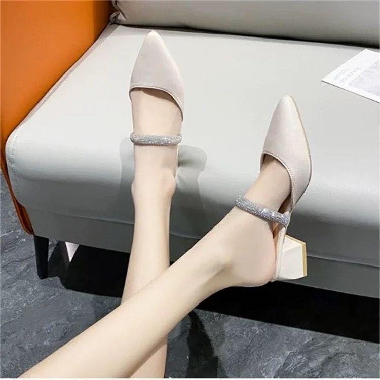 Soft bottom breathable rhinestone high heel thin heel cool slippers women's 2025 summer new outer wear bag head half slippers foreign style comfortabl