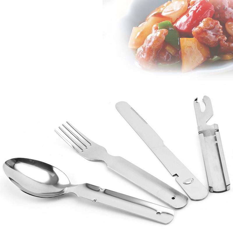 4-in-1 Portable Stainless Steel Camping Spoon Fork Knife Bottle Opener Outdoor Camping Utensils ZH