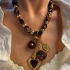 Heart Flower Geometric Pendant Necklace for Women Vintage Leopard Print Rope Chain Jewelry Accessory