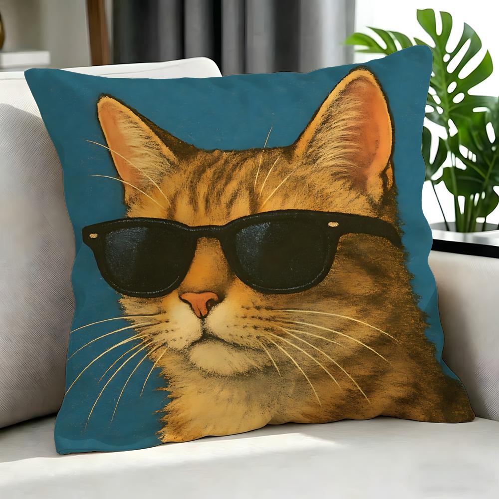 Cute A Cat With Glasses Cushion Cover Cushion Cover Set 4Pcs 50X50 45X45 40X40 Pillowcase Decorative Sofa Home Decor