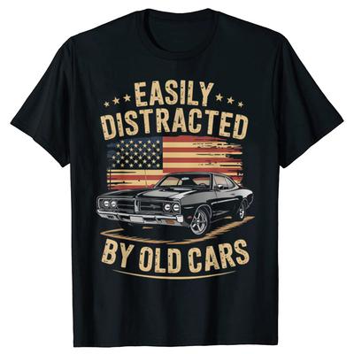 Easily Distracted by Old Cars Classic Car Guy Tshirts Men Fashion Print Loose Oversized Streetwear Hip Hop Unisex T Shirt
