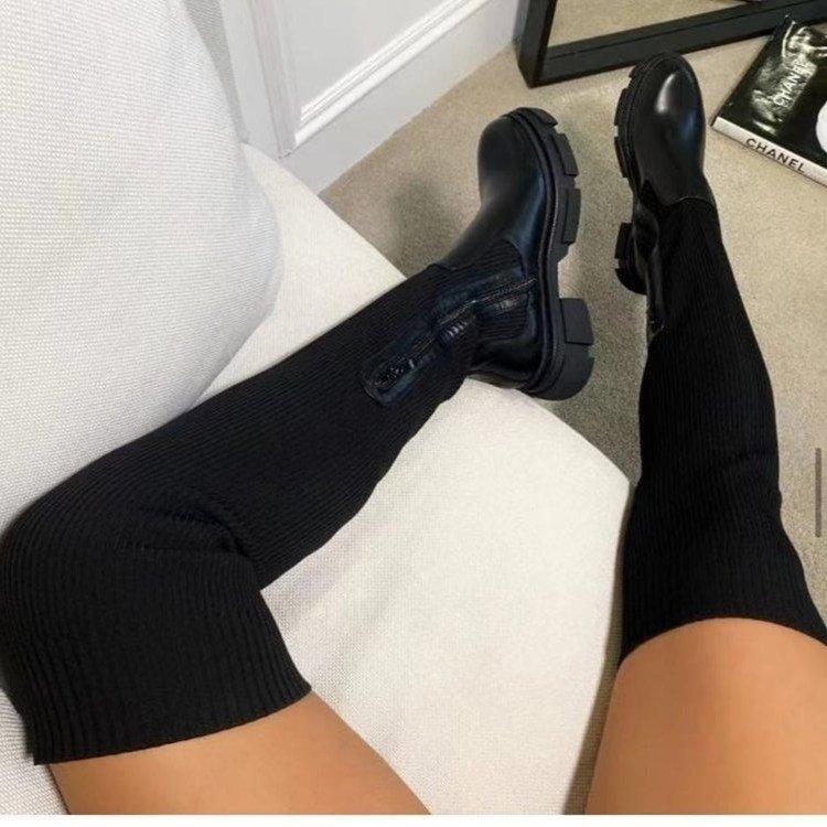 New Boots Women's Over-Knee Round Head Fly-Knitted Boots Women's Thick-soled Boots
