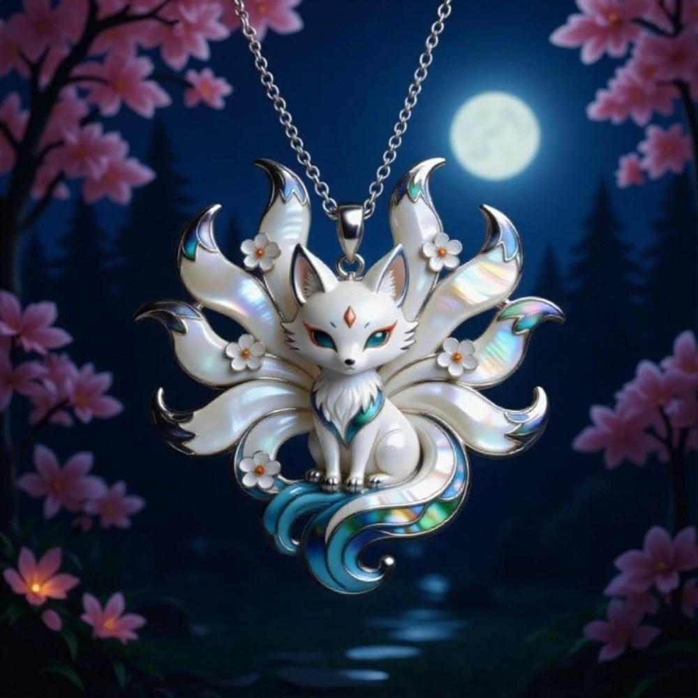 Silver Tone Chain Nine-Tailed Fox Necklace Guardian Charm Pendant Spiritual Jewelry