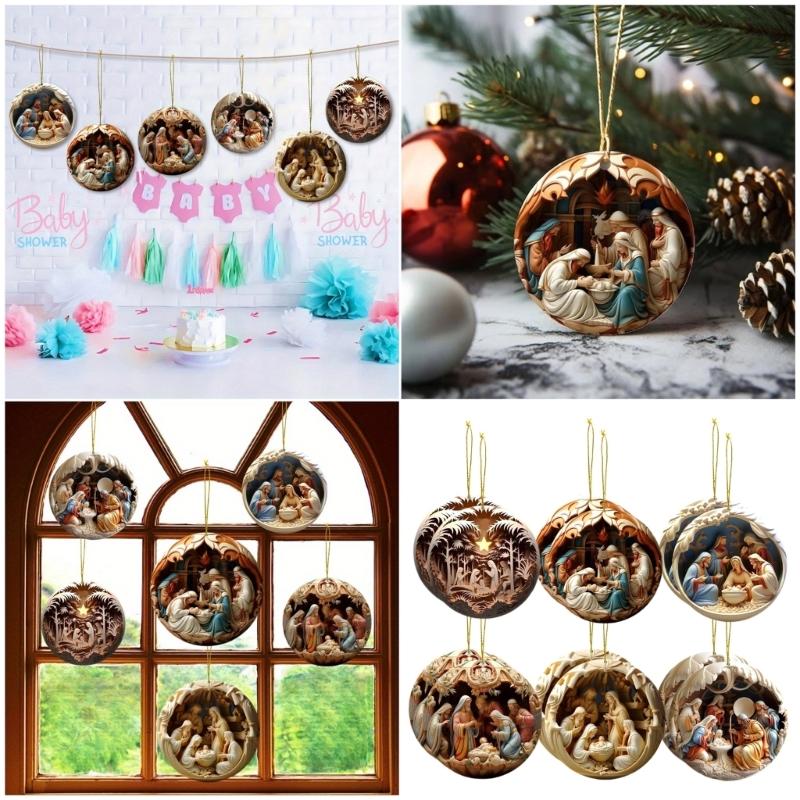 12pcs Wood Pendant Christmas Tree Ornament Set Hanging Decoration with Detailed Craftsmanship Religious Accessories