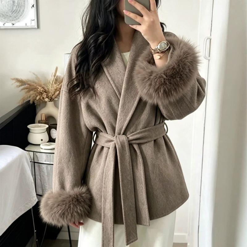 Women S Short Wool Coat With Tie Solid Color Long Sleeve French Style