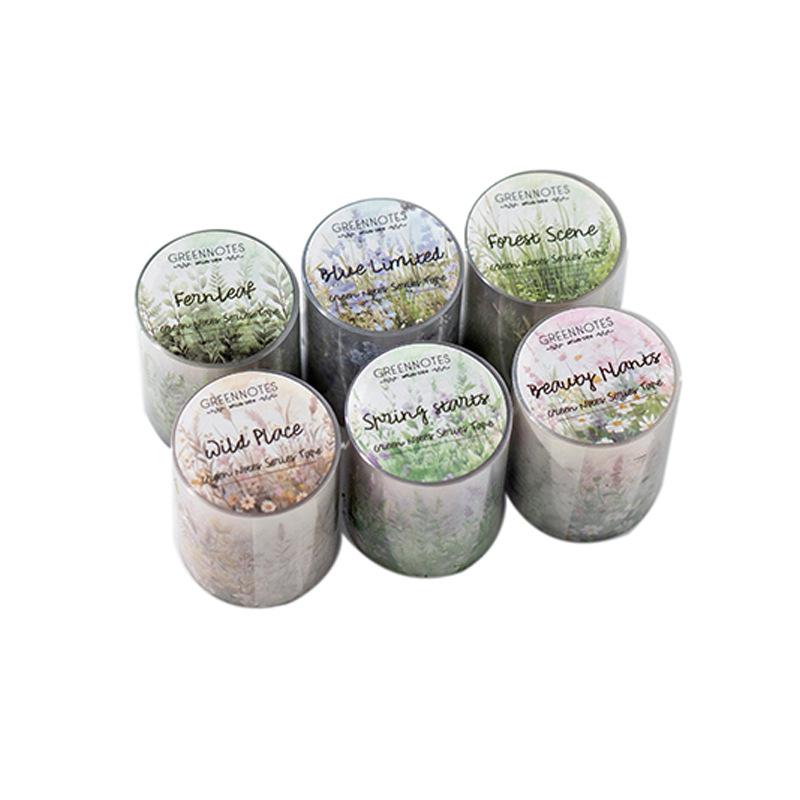 Twilight PET Tape: Green Notes & Plant Collage Stickers - 6 Styles for Bullet Journals & DIY Decor