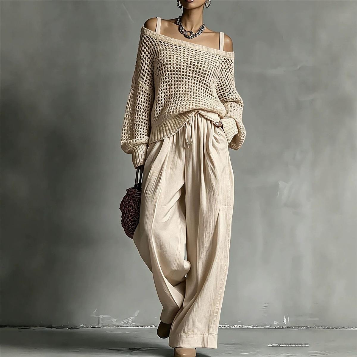 Damen 2-teiliges Outfit Schulterfrei Lochstrick Langarm Pullover Oberteil Kordelzug Falten Weite Hosen Lässiges Zweiteiler Set L apricot