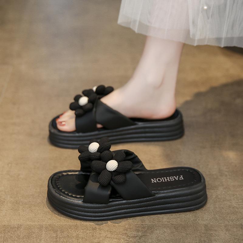 

Туфли-шлепанцы на платформе-маффин женские 2025 лето новый ретро-стиль цветок с открытым носком плоский каблук модные крутые шлепанцы 40 чёрный