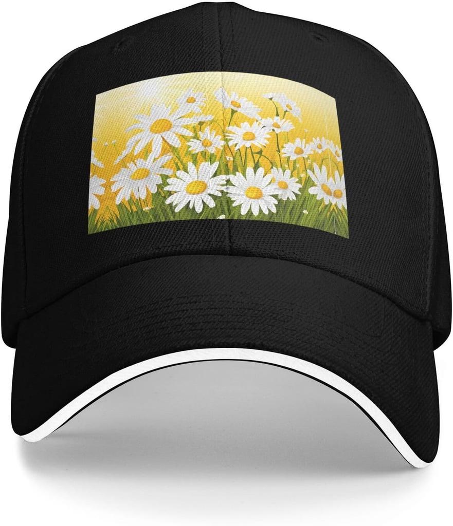 Daisies Flower Field Print Baseball Cap Polyester Adjustable Breathable Summer Casual Unisex Cap