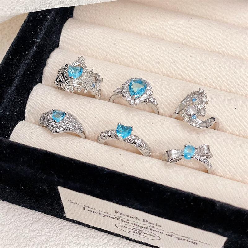 New Niche Light Luxury High-End Color Treasure Sea Blue Zir*****Pen Ring Simple Fashion Jewelry Women