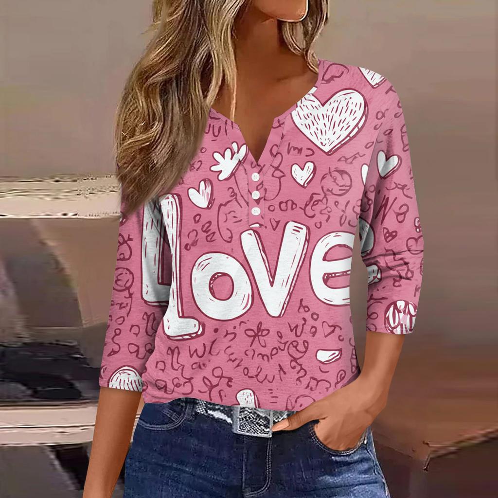 Damen Kragen Valentinstag Print Kurzarm T-Shirt Top