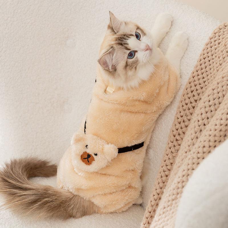 Bear satchel can be towed, fleece jacket, autumn and winter warm four-legged clothing, puppet, blue cat, dog, pet clothing, cat clothes.