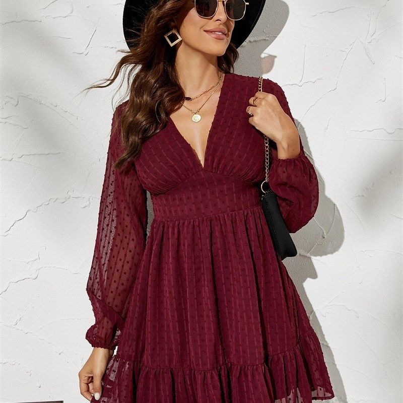 

2022 Women Ins Long Sleeve V-neck High Waist Commuter Dress Burgundy XL