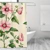 1pc Vintage Pink Mallow Shower Curtain - Green Leaves, 71x71 Inch, Polyester, 12 Hooks, Elegant Summer Decor, Hand Wash