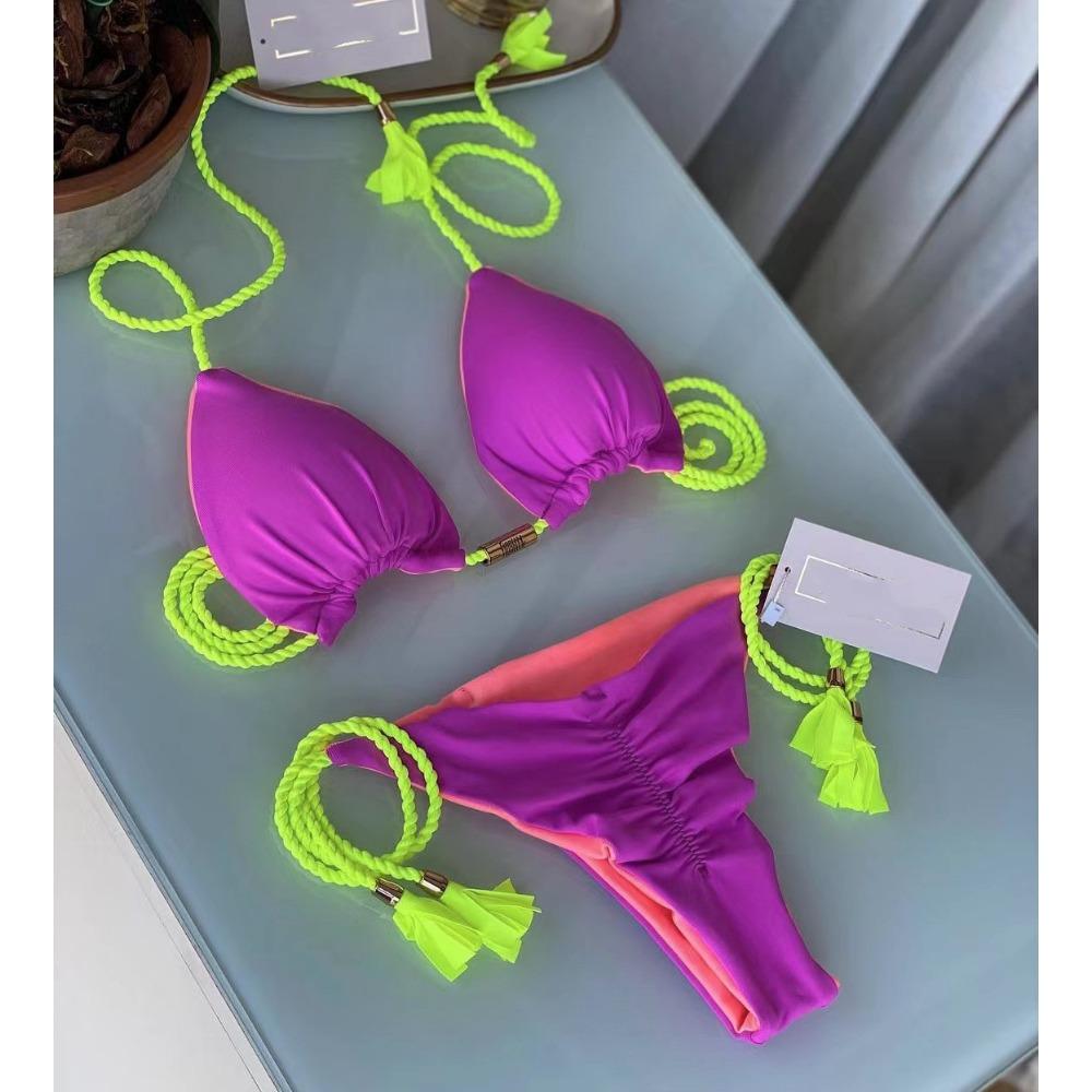 Costum de baie european și american geantă triunghiulară sexy pentru femeie Split Culoare uni Bikini sexy cu frânghie împletită multicoloră