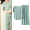 2 Teile/satz Frauen Pyjamas Nahtlose Eis Seide Rundhals Kurzarm Einfarbig Elastische Taille Breite Bein Lose Weiche Atmungsaktive Homewear top Hosen Set